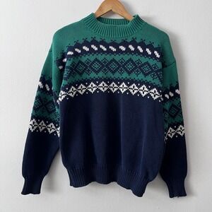 Gap Vintage Nordic Argyle Design 100% Cotton‎ Sweater Navy Green size small